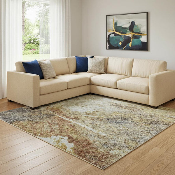 HomeRoots 8' X 10' Washable Abstract Area Rug in Taupe, Gold & Blue - UV Protected, Durable & Stylish Design 688314