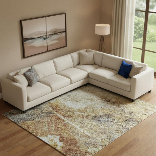 HomeRoots 9' X 12' Modern Taupe Gold and Blue Abstract Area Rug – Washable, UV-Protected, Durable Design 688315