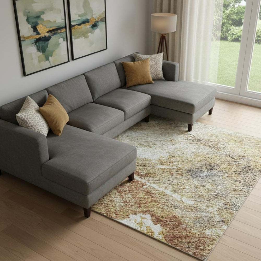 HomeRoots 10' X 14' Taupe Gold Blue Abstract Area Rug - Washable, UV Protected, Perfect for Busy Homes! 688316