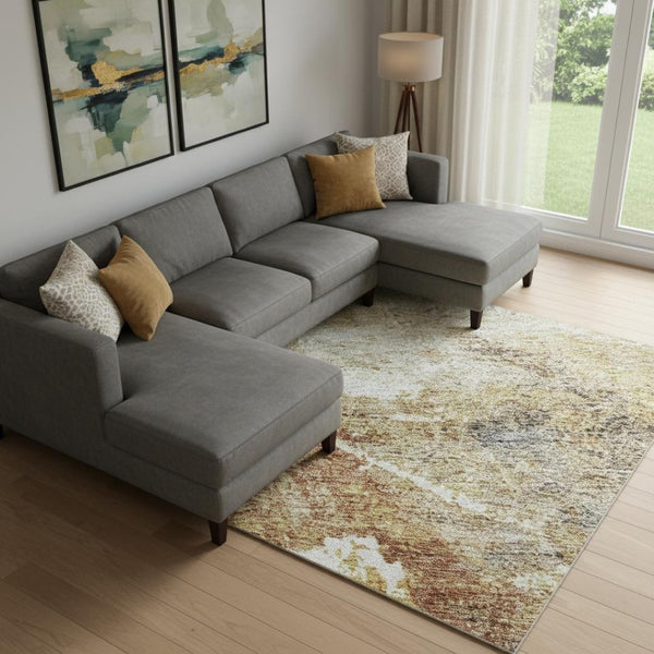 HomeRoots 10' X 14' Taupe Gold Blue Abstract Area Rug - Washable, UV Protected, Perfect for Busy Homes! 688316