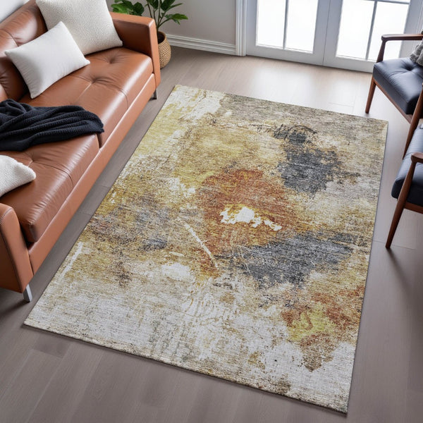 HomeRoots 10' X 14' Taupe Gold Blue Abstract Area Rug - Washable, UV Protected, Perfect for Busy Homes! 688316