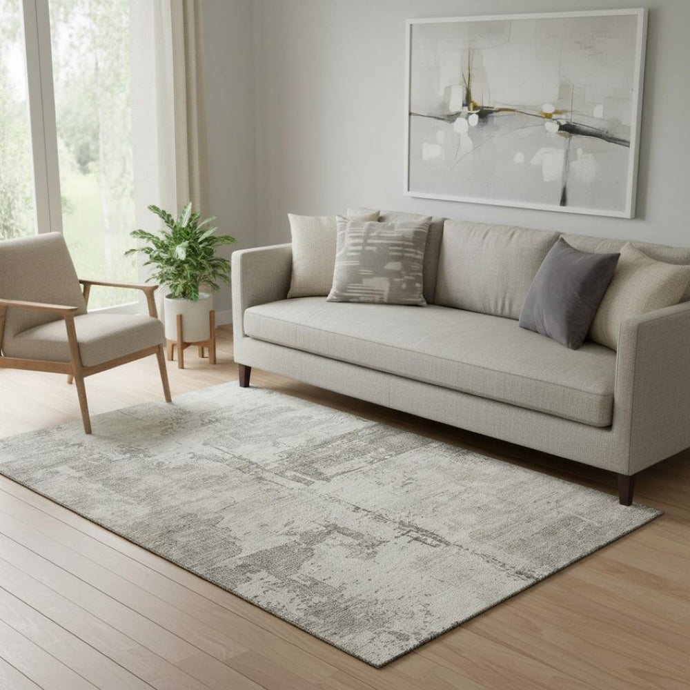 HomeRoots 5' X 8' Elegant Linen and Ivory Abstract Area Rug - Durable, Washable, UV-Protected for Family Homes 688318