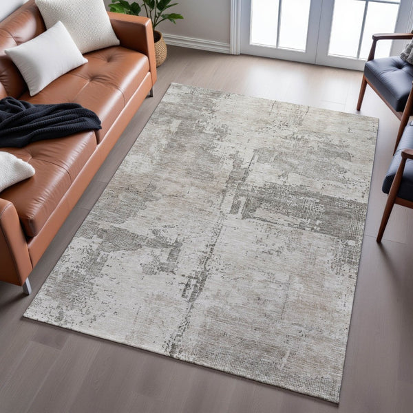 HomeRoots 5' X 8' Elegant Linen and Ivory Abstract Area Rug - Durable, Washable, UV-Protected for Family Homes 688318