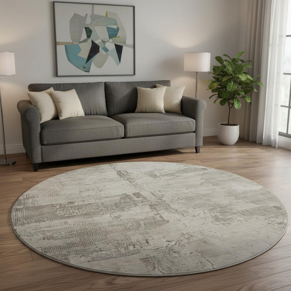 HomeRoots 8' Washable Round Rug in Linen & Ivory - UV Protected, Stain Resistant, Modern Abstract Design for Any Space 688319