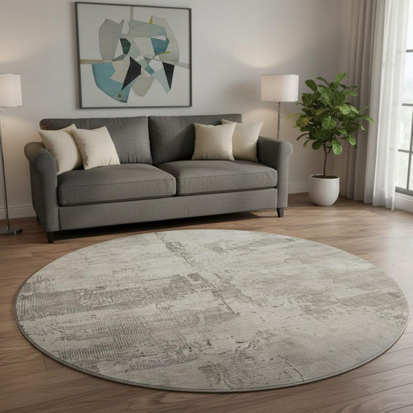 HomeRoots 8' Washable Round Rug in Linen & Ivory - UV Protected, Stain Resistant, Modern Abstract Design for Any Space 688319