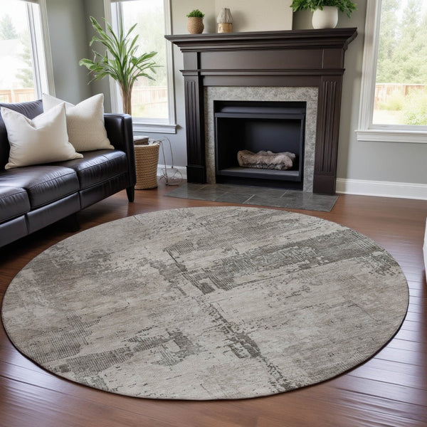 HomeRoots 8' Washable Round Rug in Linen & Ivory - UV Protected, Stain Resistant, Modern Abstract Design for Any Space 688319