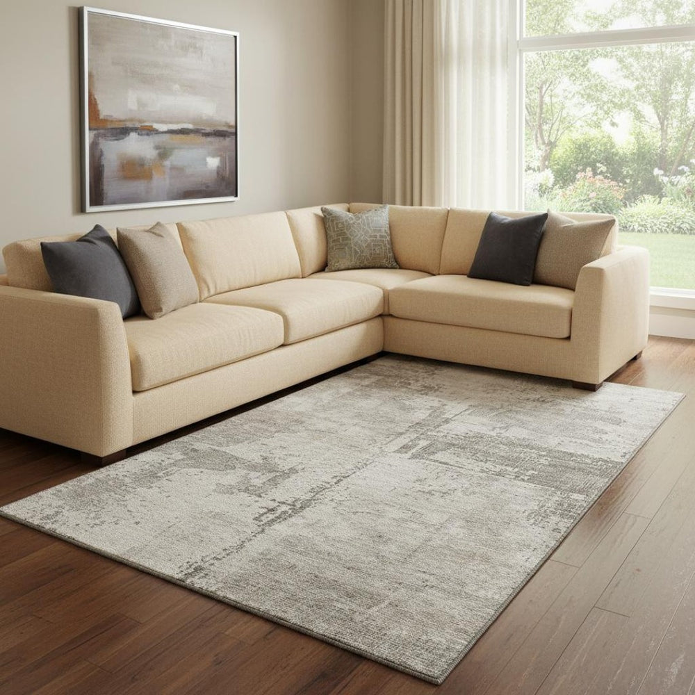 HomeRoots 8' X 10' Linen and Ivory Abstract Area Rug - Durable, Washable, UV-Protected for Modern Spaces 688320