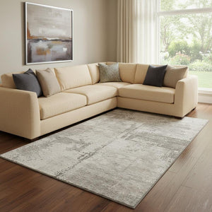 HomeRoots 8' X 10' Linen and Ivory Abstract Area Rug - Durable, Washable, UV-Protected for Modern Spaces 688320