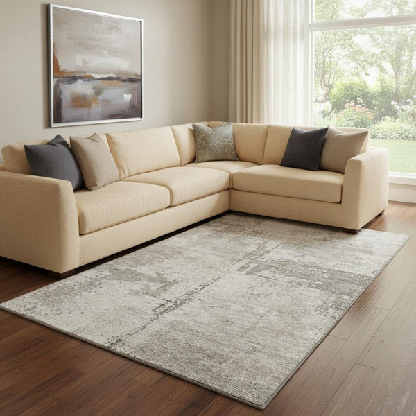 HomeRoots 8' X 10' Linen and Ivory Abstract Area Rug - Durable, Washable, UV-Protected for Modern Spaces 688320