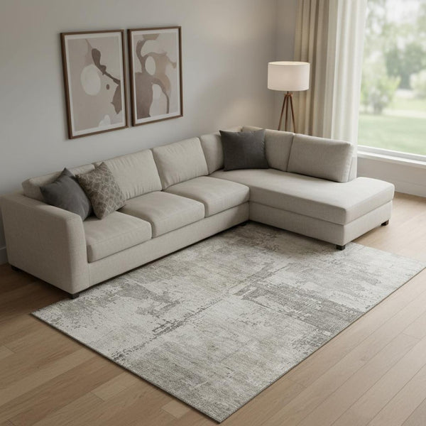 HomeRoots 10' X 14' Abstract Washable Area Rug in Linen & Ivory - UV Protected, Durable & Stylish for Homes 688322
