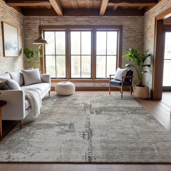 HomeRoots 10' X 14' Abstract Washable Area Rug in Linen & Ivory - UV Protected, Durable & Stylish for Homes 688322