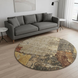 HomeRoots 8' Khaki Gold and Blue Abstract Washable Round Rug – Durable, Stylish, UV Protected for High-Traffic Areas 688325