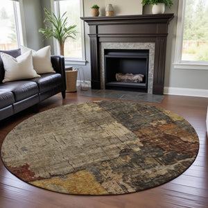 HomeRoots 8' Khaki Gold and Blue Abstract Washable Round Rug – Durable, Stylish, UV Protected for High-Traffic Areas 688325