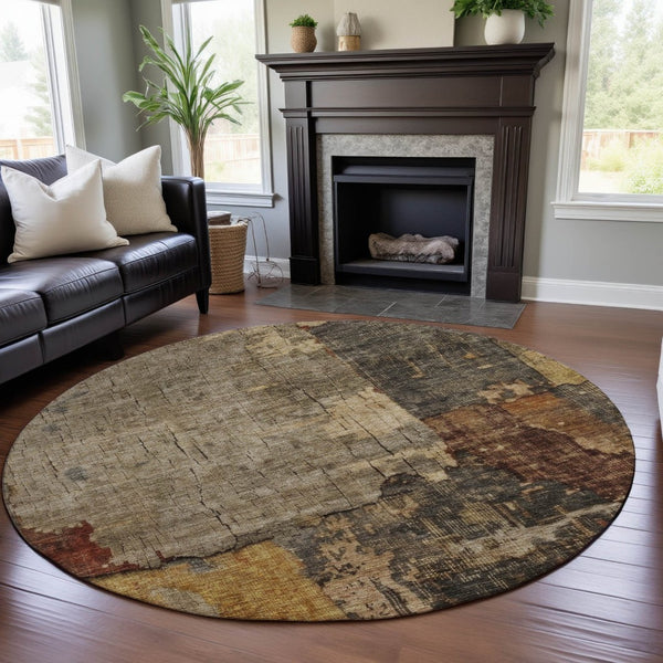 HomeRoots 8' Khaki Gold and Blue Abstract Washable Round Rug – Durable, Stylish, UV Protected for High-Traffic Areas 688325
