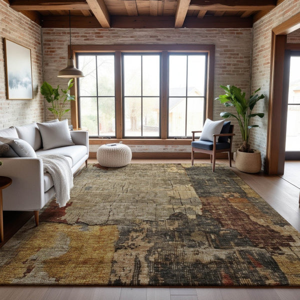 HomeRoots 10' Khaki Gold & Blue Abstract Washable Area Rug - UV Protection, Stain Resistant, Modern Style 688328