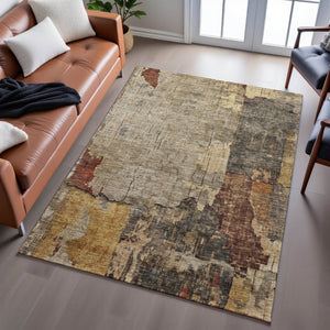HomeRoots 10' Khaki Gold & Blue Abstract Washable Area Rug - UV Protection, Stain Resistant, Modern Style 688328