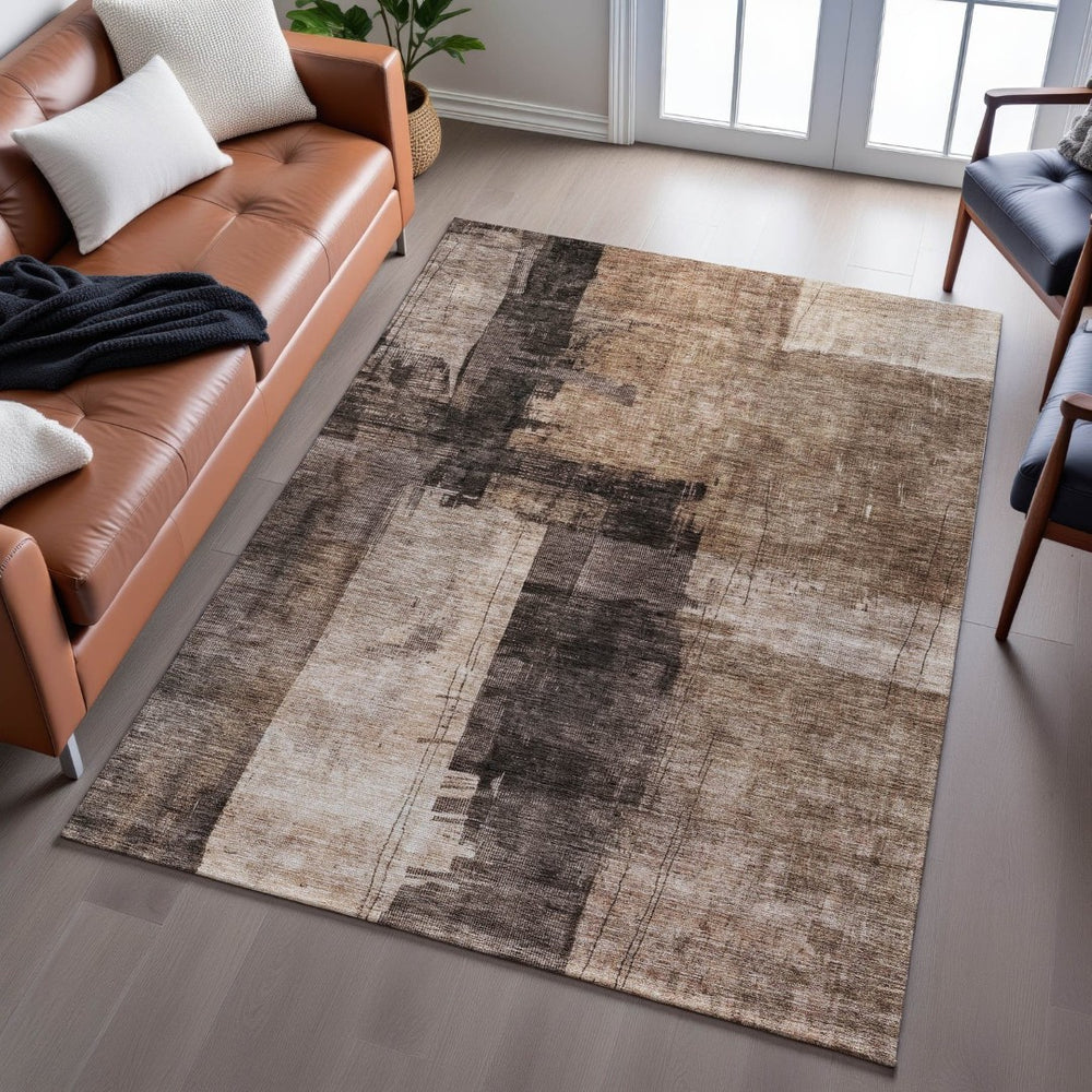 HomeRoots 5' Abstract Washable Area Rug in Brown, Beige & Taupe – UV Protection for Homes with Kids & Pets 688330