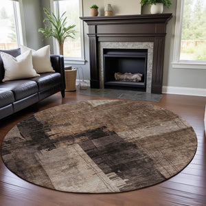 HomeRoots 8' Washable Round Rug in Brown, Beige & Taupe - Abstract Design with UV Protection, Stain Resistance 688331