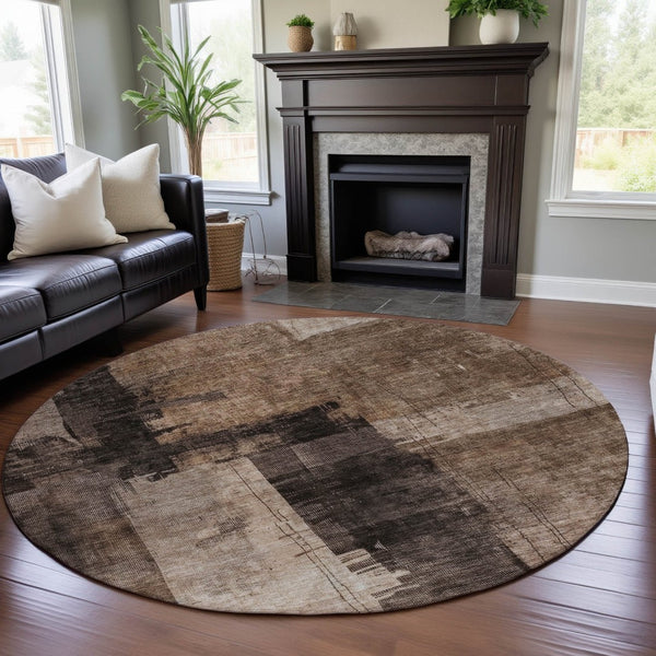 HomeRoots 8' Washable Round Rug in Brown, Beige & Taupe - Abstract Design with UV Protection, Stain Resistance 688331