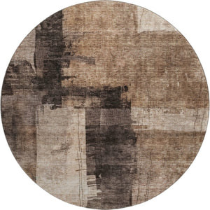 HomeRoots 8' Washable Round Rug in Brown, Beige & Taupe - Abstract Design with UV Protection, Stain Resistance 688331