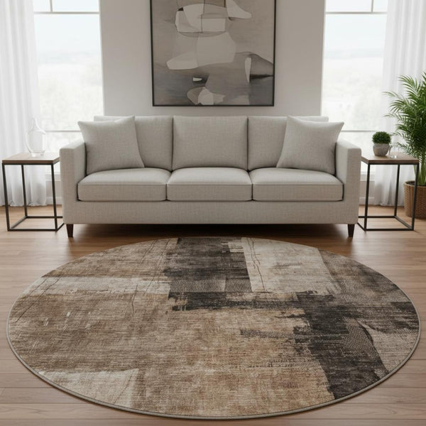 HomeRoots 8' Washable Round Rug in Brown, Beige & Taupe - Abstract Design with UV Protection, Stain Resistance 688331