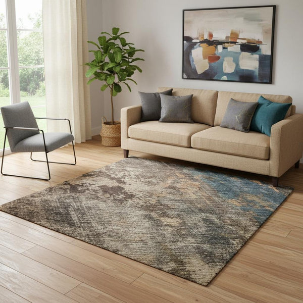 HomeRoots 5' X 8' Blue Copper and Gray Abstract Area Rug - Stylish, Washable, UV-Protected for High-Traffic Areas 688342