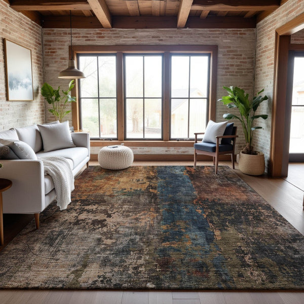 HomeRoots 5' X 8' Blue Copper and Gray Abstract Area Rug - Stylish, Washable, UV-Protected for High-Traffic Areas 688342