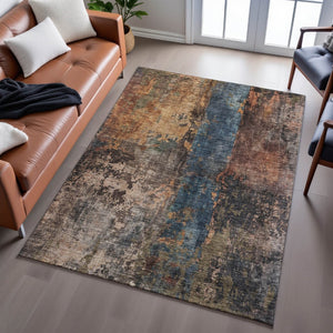 HomeRoots 5' X 8' Blue Copper and Gray Abstract Area Rug - Stylish, Washable, UV-Protected for High-Traffic Areas 688342