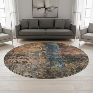 HomeRoots 8' Blue Copper and Gray Abstract Washable Round Rug - Durable, Stain-Resistant, UV Protected Design 688343