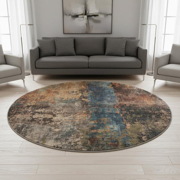 HomeRoots 8' Blue Copper and Gray Abstract Washable Round Rug - Durable, Stain-Resistant, UV Protected Design 688343