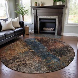 HomeRoots 8' Blue Copper and Gray Abstract Washable Round Rug - Durable, Stain-Resistant, UV Protected Design 688343