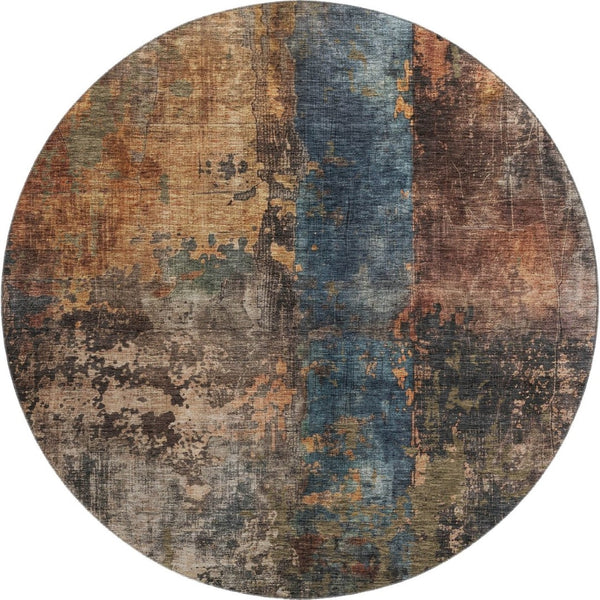 HomeRoots 8' Blue Copper and Gray Abstract Washable Round Rug - Durable, Stain-Resistant, UV Protected Design 688343
