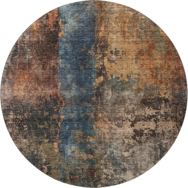 HomeRoots 8' Blue Copper and Gray Abstract Washable Round Rug - Durable, Stain-Resistant, UV Protected Design 688343