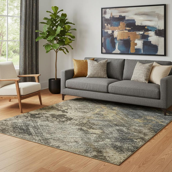 HomeRoots 5' Gray, Teal & Gold Striped Area Rug - Washable, UV Protected, Durable & Perfect for Every Home! 688348