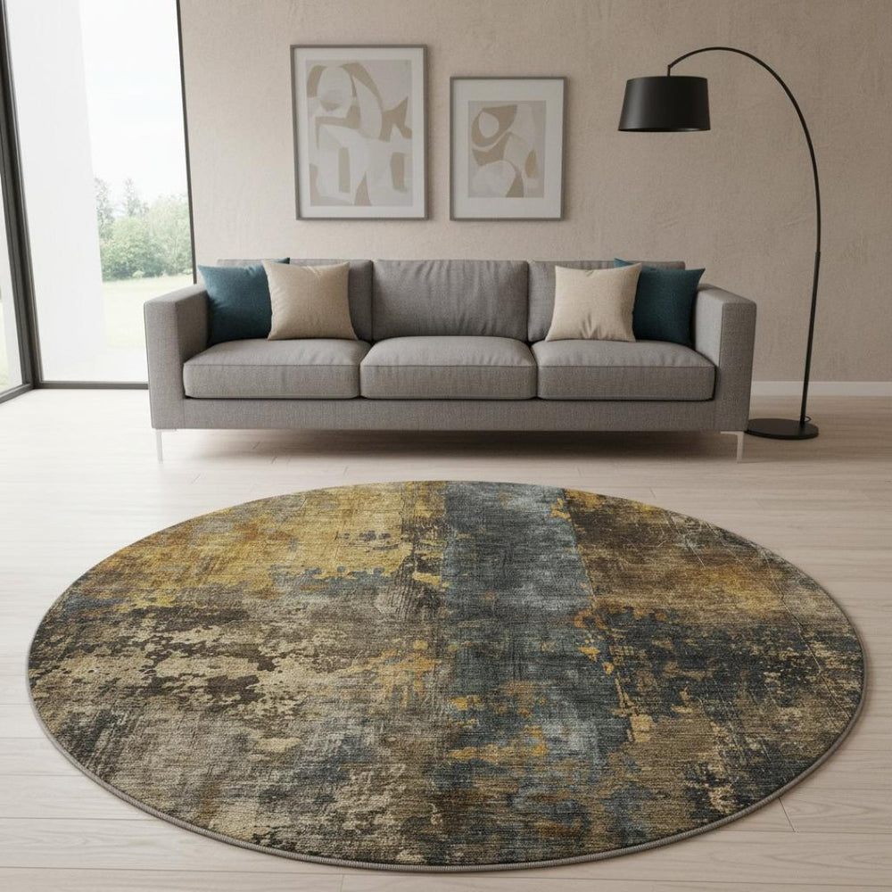 HomeRoots 8' Gray Teal and Gold Striped Washable Round Rug – Stylish, Durable, UV-Protected for Family Spaces! 688349