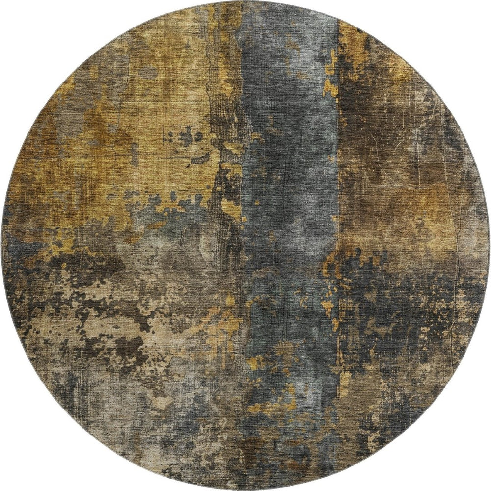 HomeRoots 8' Gray Teal and Gold Striped Washable Round Rug – Stylish, Durable, UV-Protected for Family Spaces! 688349