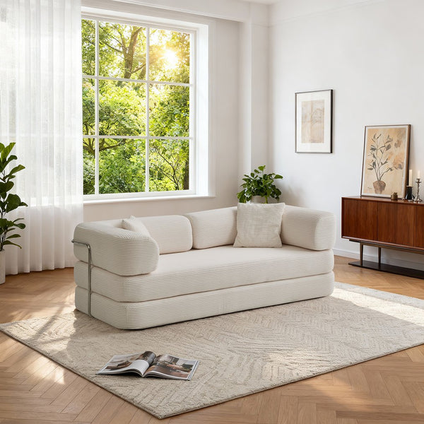 English Elm Floor Floor Couch Convertible 5-in-1 Corduroy Sofa Bed with Pillow-to-Blanket, Reinforced Frame Cream W3565P354961