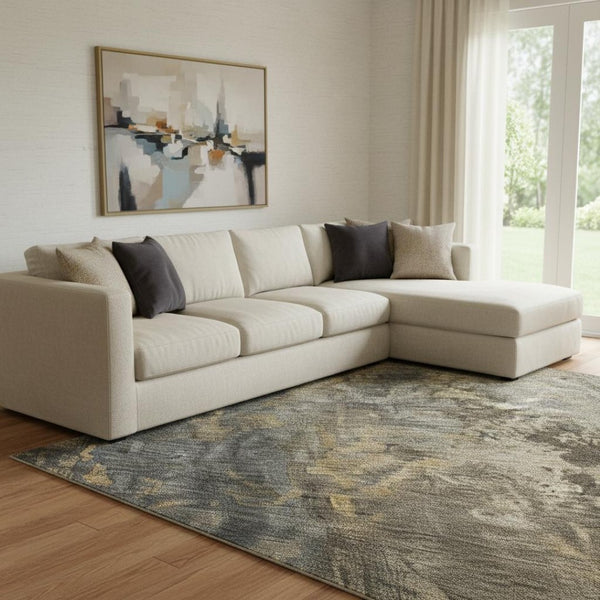 HomeRoots 8' X 10' Striped Area Rug in Gray, Teal & Gold – Washable, UV-Protected & Stain-Resistant for Durability 688350