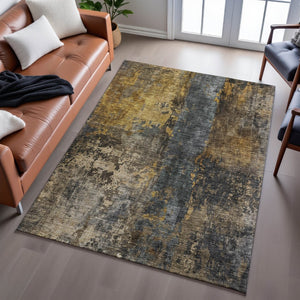HomeRoots 8' X 10' Striped Area Rug in Gray, Teal & Gold – Washable, UV-Protected & Stain-Resistant for Durability 688350