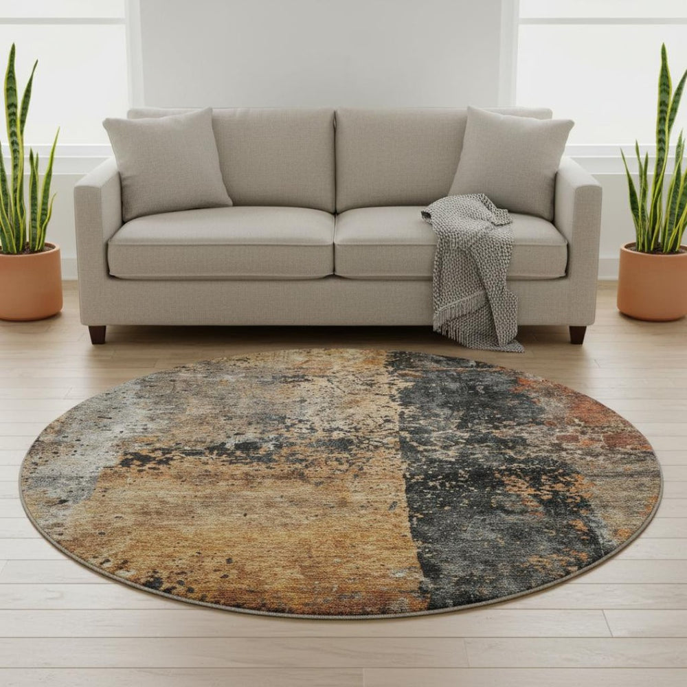 HomeRoots 8' Copper Beige and Gray Abstract Round Rug - Washable, UV-Protected, Stylish & Durable Design for Homes 688355