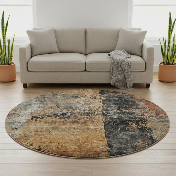 HomeRoots 8' Copper Beige and Gray Abstract Round Rug - Washable, UV-Protected, Stylish & Durable Design for Homes 688355