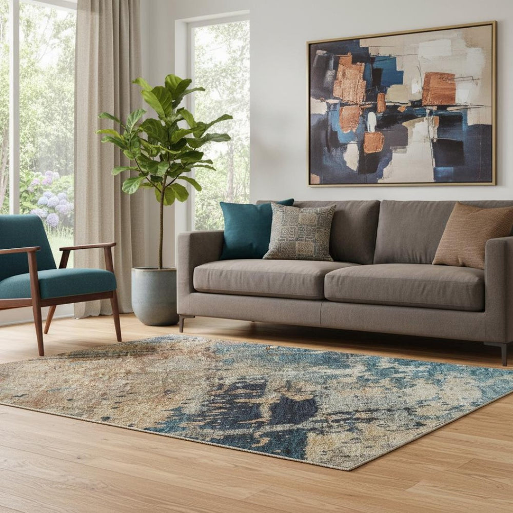 HomeRoots 5' X 8' Teal Beige Gray Abstract Washable Area Rug - UV Protected, Durable, Easy-Care Design 688360