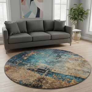 HomeRoots 8' Modern Abstract Washable Round Rug in Teal, Beige & Gray – Stain-Resistant with UV Protection! 688361