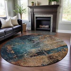 HomeRoots 8' Modern Abstract Washable Round Rug in Teal, Beige & Gray – Stain-Resistant with UV Protection! 688361