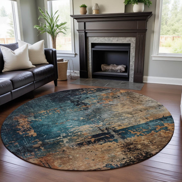 HomeRoots 8' Modern Abstract Washable Round Rug in Teal, Beige & Gray – Stain-Resistant with UV Protection! 688361