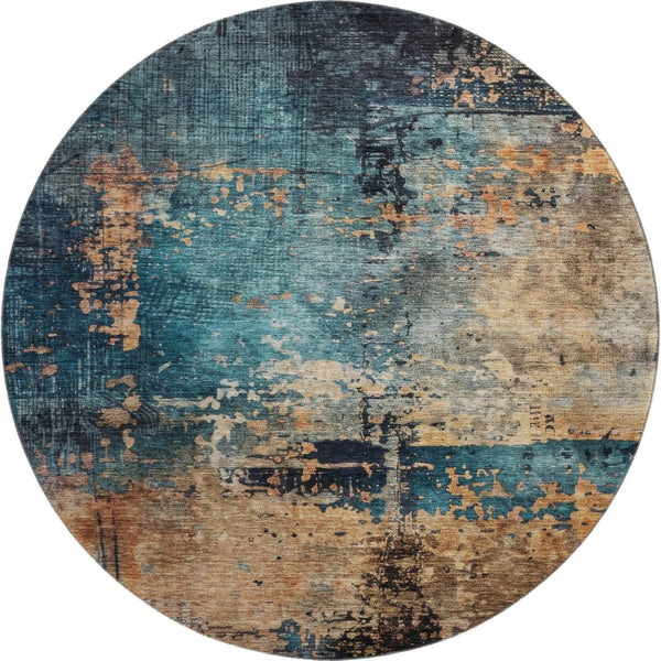 HomeRoots 8' Modern Abstract Washable Round Rug in Teal, Beige & Gray – Stain-Resistant with UV Protection! 688361