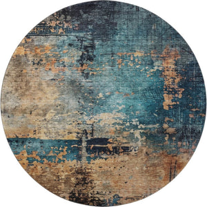 HomeRoots 8' Modern Abstract Washable Round Rug in Teal, Beige & Gray – Stain-Resistant with UV Protection! 688361