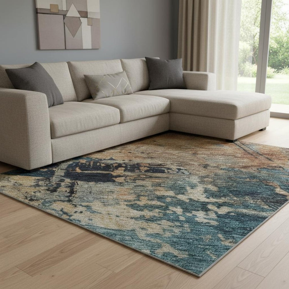 HomeRoots 8' X 10' Durable Teal Beige and Gray Abstract Washable Area Rug with UV Protection & Stain Resistance 688362
