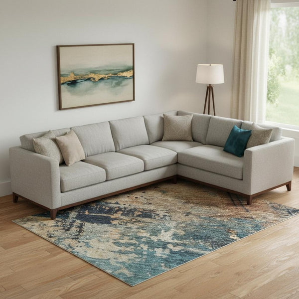 HomeRoots 9' X 12' Stylish Teal Beige and Gray Abstract Area Rug – Washable, UV-Protected, and Pet-Friendly! 688363