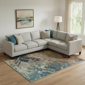 HomeRoots 10' X 14' Teal Beige Gray Modern Abstract Area Rug - Washable, UV Protected, Durable for High-Traffic Homes 688364